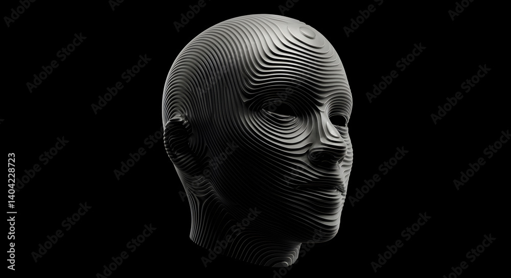 Poster Abstract Pixelated Head Sculpture with Black Background in 3D Rendering of a Pixel Grid Structure