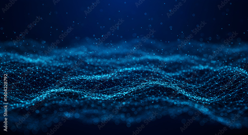 Poster abstract blue wavy background with particle network data technology connection and dynamic visual st