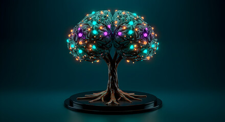 Artificial Intelligence Brain Tree with Glowing Lights on Dark Background Illustration