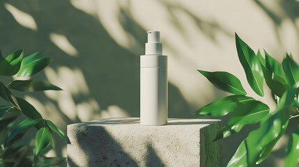 White pump bottle skincare product display natural background