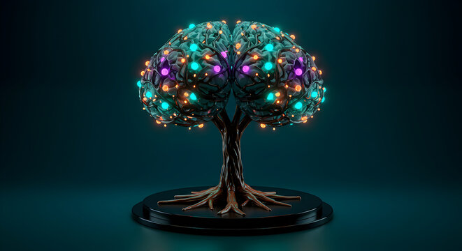 Artificial Intelligence Brain Tree with Glowing Lights on Dark Background Illustration