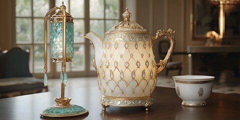 Elegant Gold and Teal Decor,  Ornate Teapot, Lamp, and Cup Set