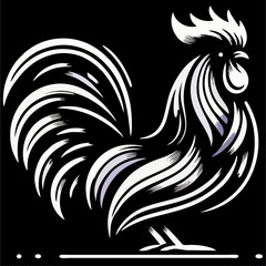 Stylized black and white illustration of a rooster with flowing lines and curves.