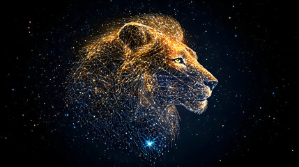 Naklejka premium Majestic Lion Profile in Starry Night Sky, Gold and Blue Abstract Digital Art