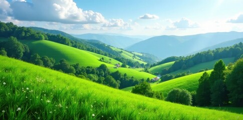 Obraz premium Lush green hills, vibrant foliage, idyllic scenery, green landscape, beautiful