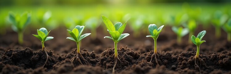 Young soybean shoots with roots grow from dirt. Green leaf sprouts, spring garden, fresh agriculture concept. New life growth, farming and botany. Blurred background.