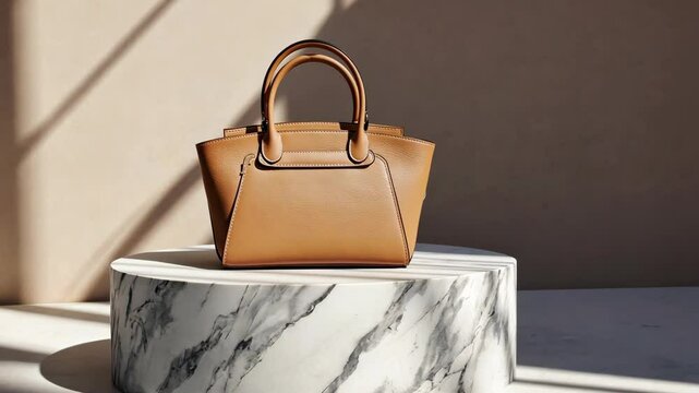 Elegant tan leather handbag with handles on a marble platform bathed in soft, natural light casting shadows in a studio setting