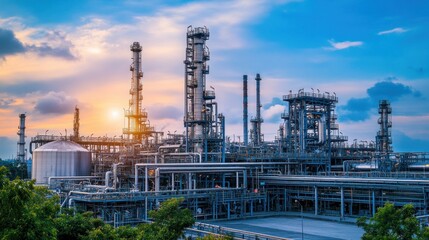 Obraz premium an expansive oil refinery under the vibrant glow of dusk showcases an intricate network of pipes and towering structures against a dynamic sky