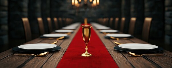 A grand dining table setting with golden goblet, elegant plates, and a red table runner, surrounded by dark stone walls and ambient lighting.