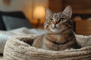 A serene tabby cat resting in a cozy woven basket, with a softly lit background and homey ambiance