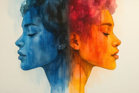 Watercolor Abstract Painting Two Heads Optimistic Pessimistic Happy Sad Conceptual Illustration