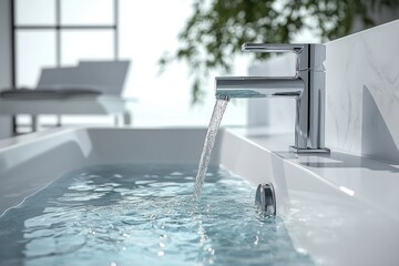 Modern Bathroom with Chrome Faucet and Bathtub Full of Water