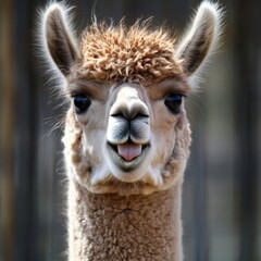 Obraz premium Close-Up Portrait of a Cheerful Alpaca with Textured Fur and Cute Face