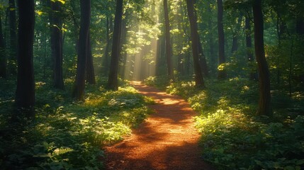 Obraz premium Sunbeams illuminating a forest path