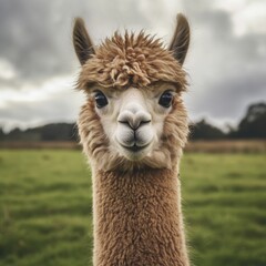 Obraz premium Adorable llama portrait with fluffy fur in a grassy field setting