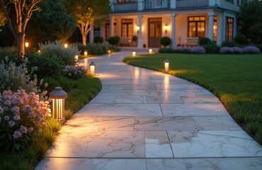 Luxury mansion backyard with marble tile pathway illuminated by warm lights at dusk. Rich green lawn, flowerbeds, trees creates inviting evening atmosphere. Modern home, exterior design, garden