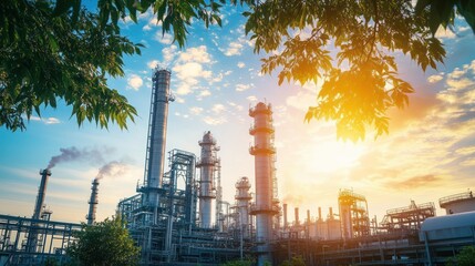 Fototapeta premium an expansive petrochemical complex emerges beneath a vibrant sky at dusk with a complex array of structures contrasting against the golden light and natural elements