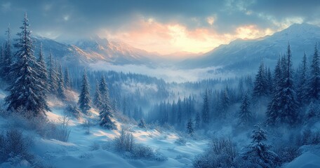 Winter Landscape with Snow-Covered Pines Gentle Hills and Misty Sky