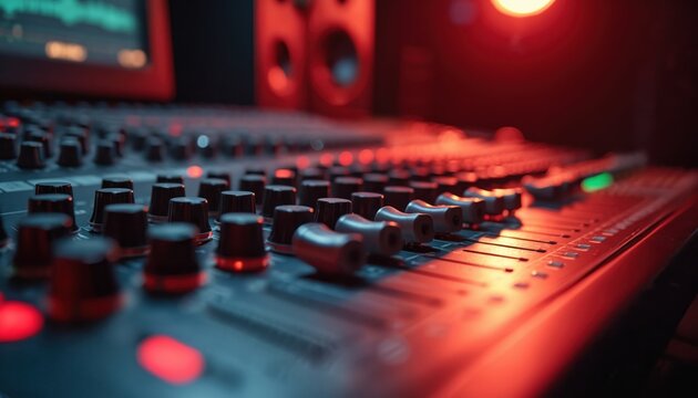 Pro audio mixer, control panel with knobs sliders in music recording studio. Modern digital music tech production equipment for sound engineering. Sound mixing console instrument on studio desk.