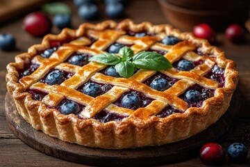 Delicious homemade berry pie with a golden lattice crust on a rustic wooden table