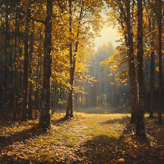 Obraz premium A Symphony of Autumn: The Enchanting Dance of Golden Leaves in a Tranquil Forest Setting