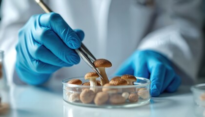 Scientist examines magic mushrooms in petri dish using tweezers at laboratory. Research of hallucinogenic fungi. Alternative medicine therapy, fungal, mental health exploration. Science, biology,