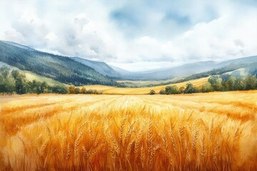 Golden wheat field stretches to a distant mountain range under a partly cloudy sky. Lush landscape painting