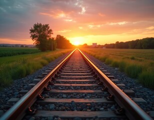 Sunset illuminates train tracks vanishing into the horizon. Golden sunlight bathes the railway, painting the sky with vibrant hues. This scenic view embodies journey, travel, tranquility, solitude.