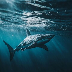 Fototapeta premium Stunning shark captured swimming through underwater with glowing sunlight high resolution image