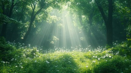 Sunlight streams through a lush forest