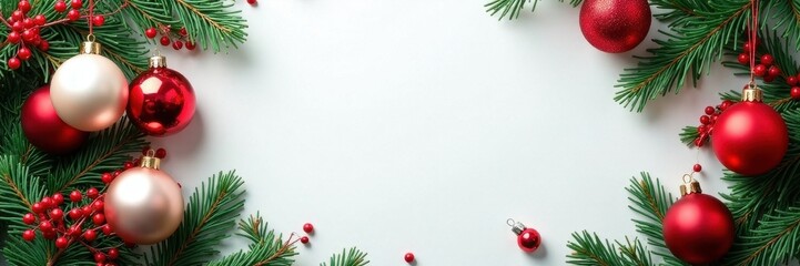 Elegant Christmas frame with glossy ornaments and pine branches, red, green, white palette , holiday, design, glossy