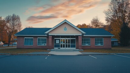 Suburban building at sunset with parking lot.