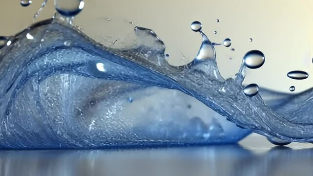 Splashing liquid, blue water droplets freeze a frame in a wave-like motion, creating an artistic, dynamic scene