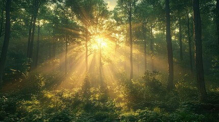 Fototapeta premium Sunlight streams through misty forest canopy