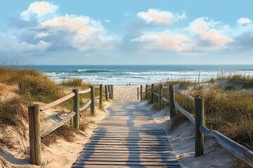 Serene Beach Boardwalk Morning Light Scene in Portugal