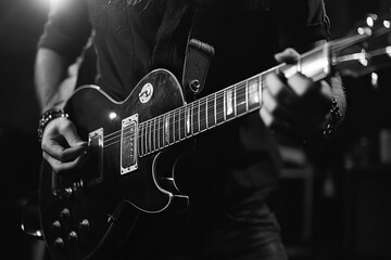 Obraz premium Musician Playing Electric Guitar in Black and White Dramatic Lighting