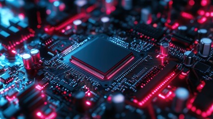 Illuminated motherboard close-up showcasing intricate circuitry design with vibrant neon lighting