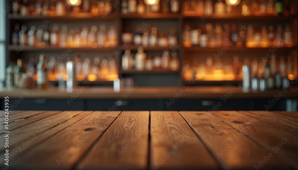 Poster wooden bar counter with blurred background of bottles. bar counter with empty wooden surface. tablet