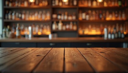 Wooden bar counter with blurred background of bottles. Bar counter with empty wooden surface. Tabletop for product display, advertising space. Drink, beverage, bar, pub concept.