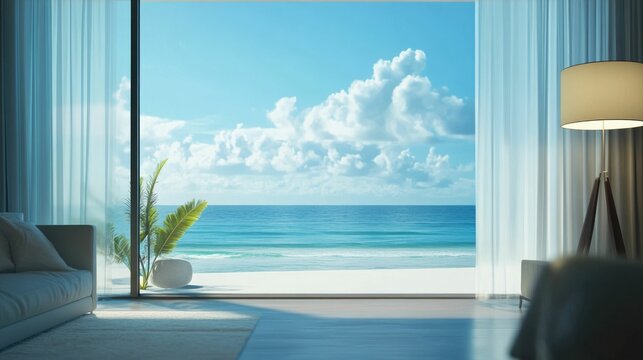 Fototapeta Modern Living Room with Ocean View Through Large Window on Sunny Day