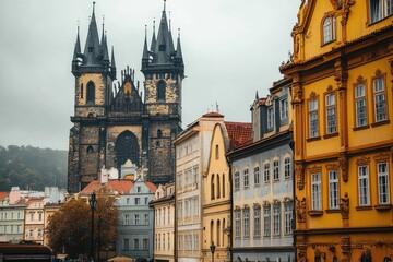 Fototapeta premium Gothic Cathedral and Colorful Baroque Buildings in Prague