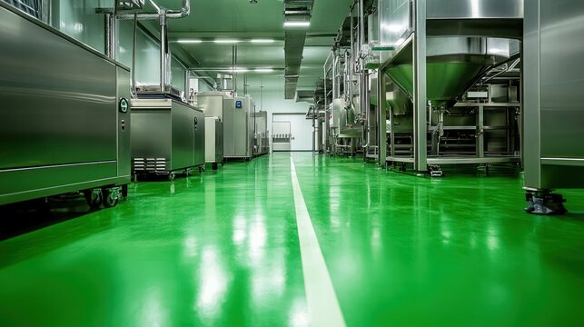 a meticulously maintained food processing facility featuring gleaming stainless steel equipment and a pristine green epoxy floor indicating rigorous hygiene standard