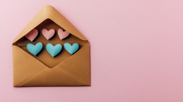 a whimsical representation of heartfelt messages with light pink and cyan hearts spilling from a kraft paper envelope against a soft pink backdrop creating a tender and affectionate composition