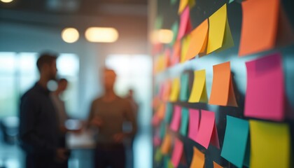 IT project team scrum meeting. Team members discuss ideas. Post-it notes on wall for planning, tasks, project management. Agile development, collaboration, teamwork. Blurred background, copy space.