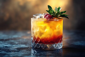 Refreshing cocktail with ice and garnishes on a textured surface, illuminated warmly