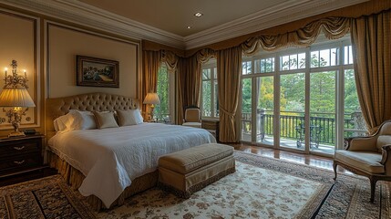 Luxurious master bedroom with elegant decor and stunning views