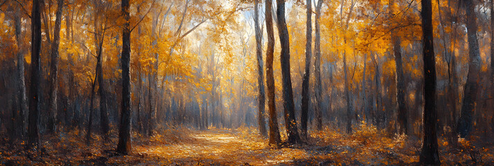 A Symphony of Autumn: The Enchanting Dance of Golden Leaves in a Tranquil Forest Setting