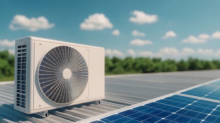 White Air Conditioner Unit on Rooftop Solar Panels Under Sunny Sky
