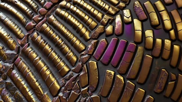 Abstract Geometric Art: Gold and Purple Rectangular Pieces on Dark Background Creating a Striking Pattern