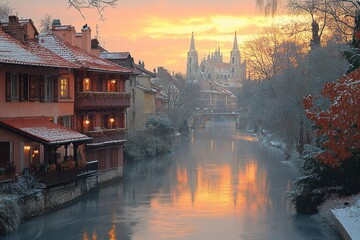 Obraz premium Charming European Cityscape with Historic Architecture along a Serene River